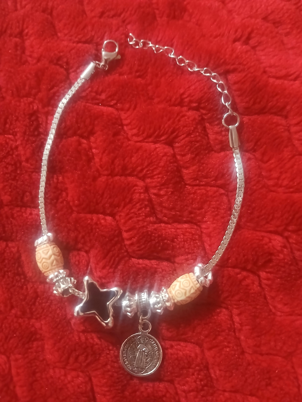 St. Benedict Silver Bracelet with Black Star and Cream Beads - Women Jewelry